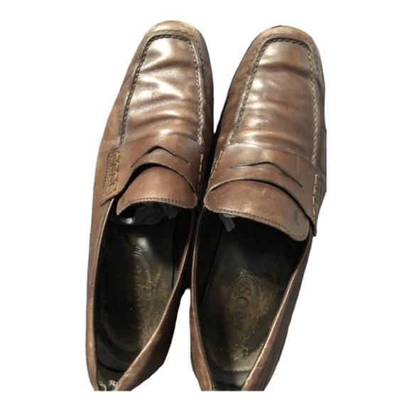 Tod’s men’s distressed look brown leather slip on leather loafers size 11.5 - Picture 13 of 14